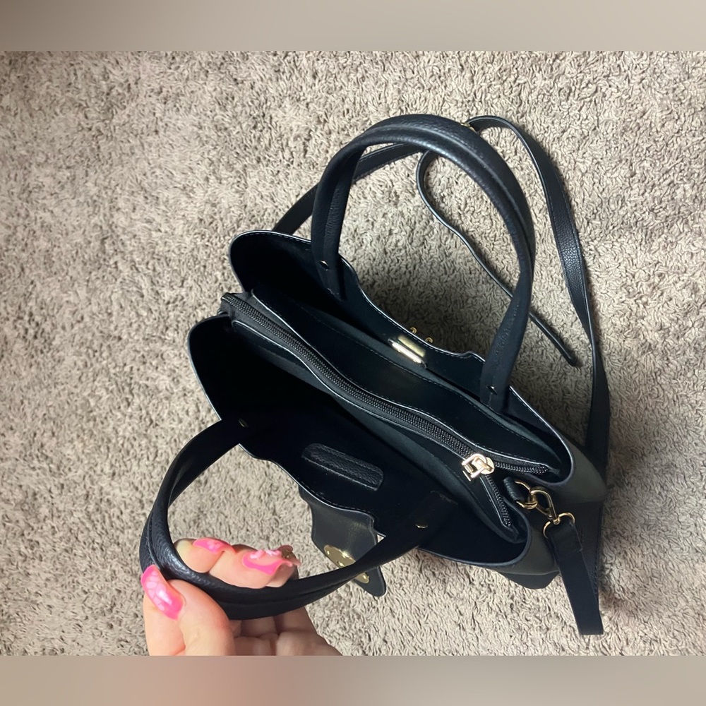 Black Faux Leather Top Handle Satchel Crossbody‎ Bag with Gold Tone Hardware - Picture 4 of 7